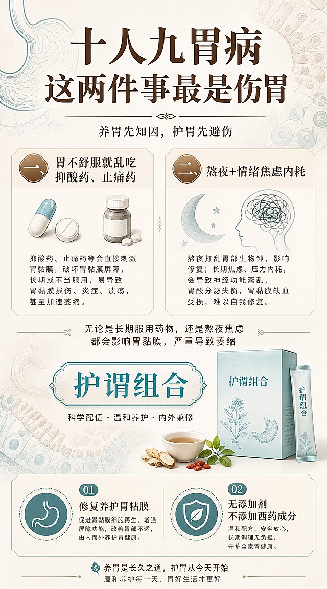 一张竖版养胃健康宣传海报，风格肃静雅致，以文案为主，背景与胃黏膜相关。画面采用米白、浅棕、淡青色为主色调，营造温和专业的健康科普氛围。背景为淡雅的医学科普风格，隐约可见胃器官的线描解剖示意图和胃黏膜细胞纹理的抽象化呈现，用淡青色和浅褐色线条勾勒，科学严谨但不刺眼，整体留白充足，不喧宾夺主。

版式结构：顶部为主标题区，中部为两大伤胃因素说明区，中下部为产品介绍区，底部为产品卖点区，层次分明，排版精美。

主标题（画面上方，大字号醒目，深褐色稳重字体）："十人九胃病 这两件事最是伤胃"

伤胃因素一（中部左侧或上方，配序号图标）："一、胃不舒服就乱吃抑酸药、止痛药"

伤胃因素二（中部右侧或下方，配序号图标）："二、熬夜+情绪焦虑内耗"

过渡说明（两大因素下方，小字）："无论是长期服用药物，还是熬夜焦虑 / 都会影响胃黏膜，严重导致萎缩"

产品名（中下部，突出显示，淡青色装饰边框）："护谓组合"

产品卖点（底部，分两点排列）："修复养护胃粘膜" / "无添加剂 不添加西药成分"

画面中所有数字必须精确渲染，不得出现错位、遗漏或编造的数字。画面中所有信息区域必须填充完整合理的内容，不得出现空白框或待填写区域。整体风格肃静、专业、温和，体现健康科普的可信度与产品的安全感。