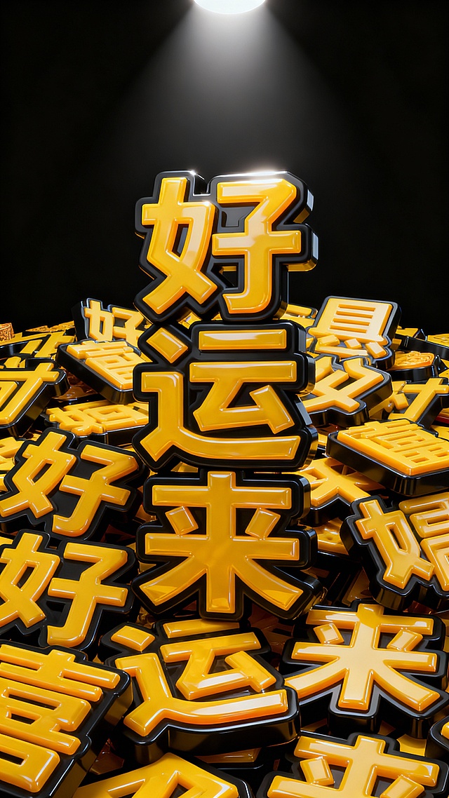 3D立体文字设计，大量堆叠的立体文字，文字为“好运来”，黄色立体文字，黑色边框，强烈的光影效果，顶部主光源，文字表面有光泽感，呈现出厚重的塑料或金属质感，文字之间相互交错叠压，形成密集的视觉效果，背景为纯黑色，整体风格充满喜庆、吉祥的氛围，具有强烈的视觉冲击力和立体感。
