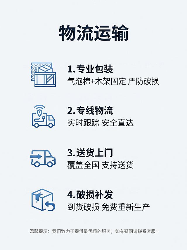 [详情页-物流运输]服务说明页。[氛围风格]清晰简洁商务风。[画质]商业设计质感，画面干净清晰，文字锐利可读。[元素]整体浅色干净背景，顶部大标题点明板块，中间搭配物流相关图标和分点说明，底部辅助温馨提示。保持页面排版透气，信息层级清晰。[光影]整体均匀清晰，无强烈明暗对比，确保文字可读。[配色]浅白色背景，深蓝/深灰文字，主标题深色加粗，辅助文字灰色，信息层次分明。[文字版式]顶部居中大标题“物流运输”，加粗醒目。下方分四点说明：
1.  专业包装 气泡棉+木架固定 严防破损
2.  专线物流 实时跟踪 安全直达
3.  送货上门 覆盖全国 支持送货
4.  破损补发 到货破损 免费重新生产
每个要点带小货车/包装图标点缀，排版整齐左对齐，行间距宽松清晰。[比例分辨率] 3:4 比例，2k分辨率，文字清晰可辨，超高清。[负向提示词]变形，水印，文字错乱，背景杂乱