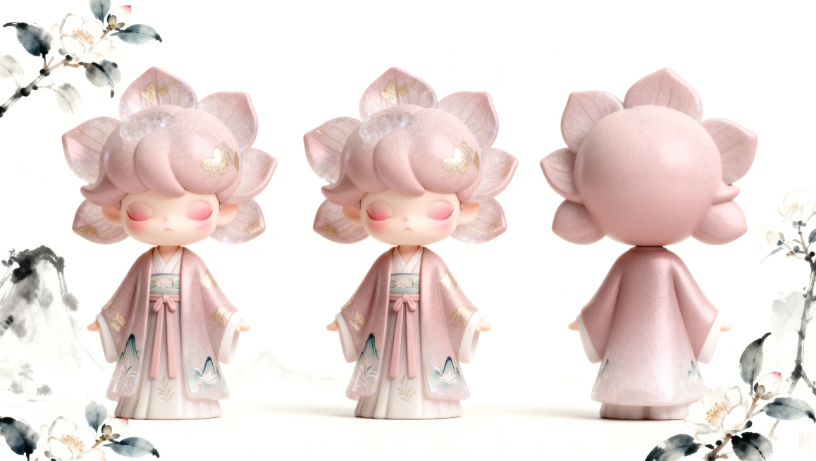 将这个潮玩IP形象生成3D三视图，包含正面、侧面、背面，整合在同一张图片中，保持原设计风格：冰晶兰·胭脂雾款，泡泡马特风格，哑光树脂，烟粉胭脂哑光，浅金细闪纹理，明制披风绣冰晶兰，浅色背景大留白中式风预览效果