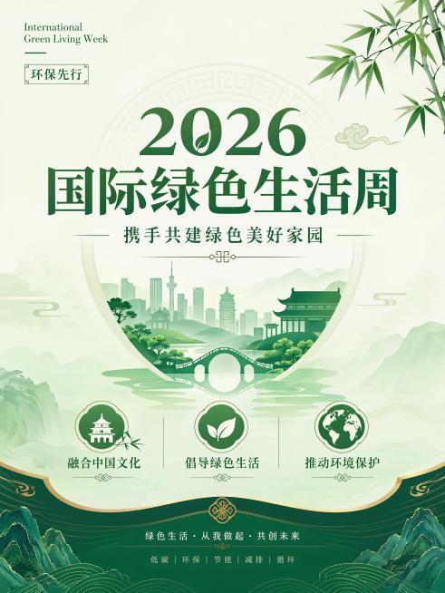 简约大气创意风格的2026国际绿色生活周活动海报，融入中国传统设计文化元素，主色调绿色体现环保主题，主视觉居中，整体设计简洁高级。画面包含主标题"2026 国际绿色生活周"，副标题"携手共建绿色美好家预览效果