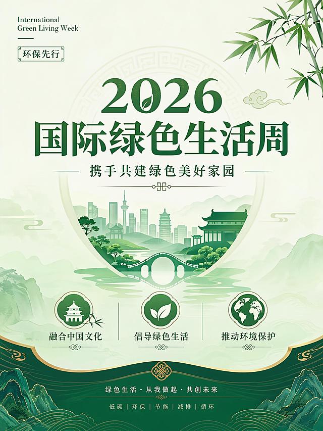 简约大气创意风格的2026国际绿色生活周活动海报，融入中国传统设计文化元素，主色调绿色体现环保主题，主视觉居中，整体设计简洁高级。画面包含主标题"2026 国际绿色生活周"，副标题"携手共建绿色美好家园"，装饰文字"International Green Living Week"、"环保先行"，卖点文字"融合中国文化"、"倡导绿色生活"、"推动环境保护"，版式精美，分区清晰，文字清晰可读，整体色调清新自然，突出绿色环保和中国文化结合的活动调性，分辨率4K