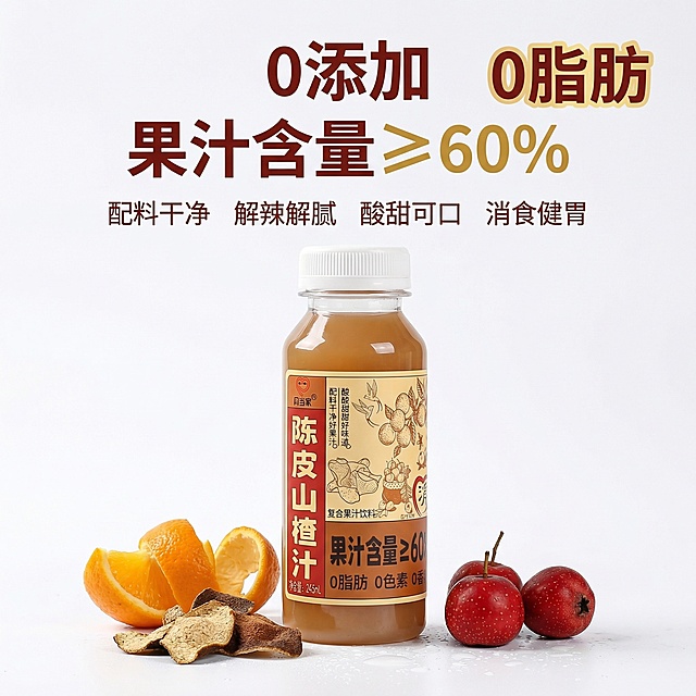 基于原瓶身图片，生成一张陈皮山楂汁淘宝主图，商品为月当家陈皮山楂汁，核心卖点是0添加，配料干净，解辣解腻，酸甜可口，消食健胃，突出0添加、果汁含量≥60%、0脂肪卖点，简约清晰风格，适合淘宝平台展示