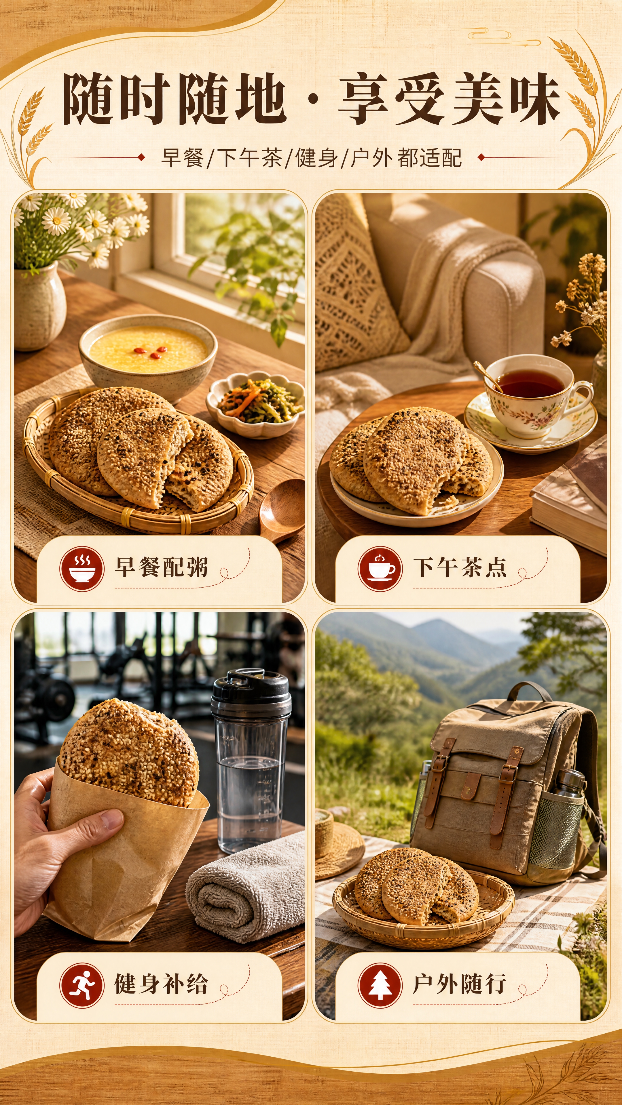 [商品] 三十谷杂粮烧饼，在不同生活场景中食用。 [画面] 场… - 图片创意预览