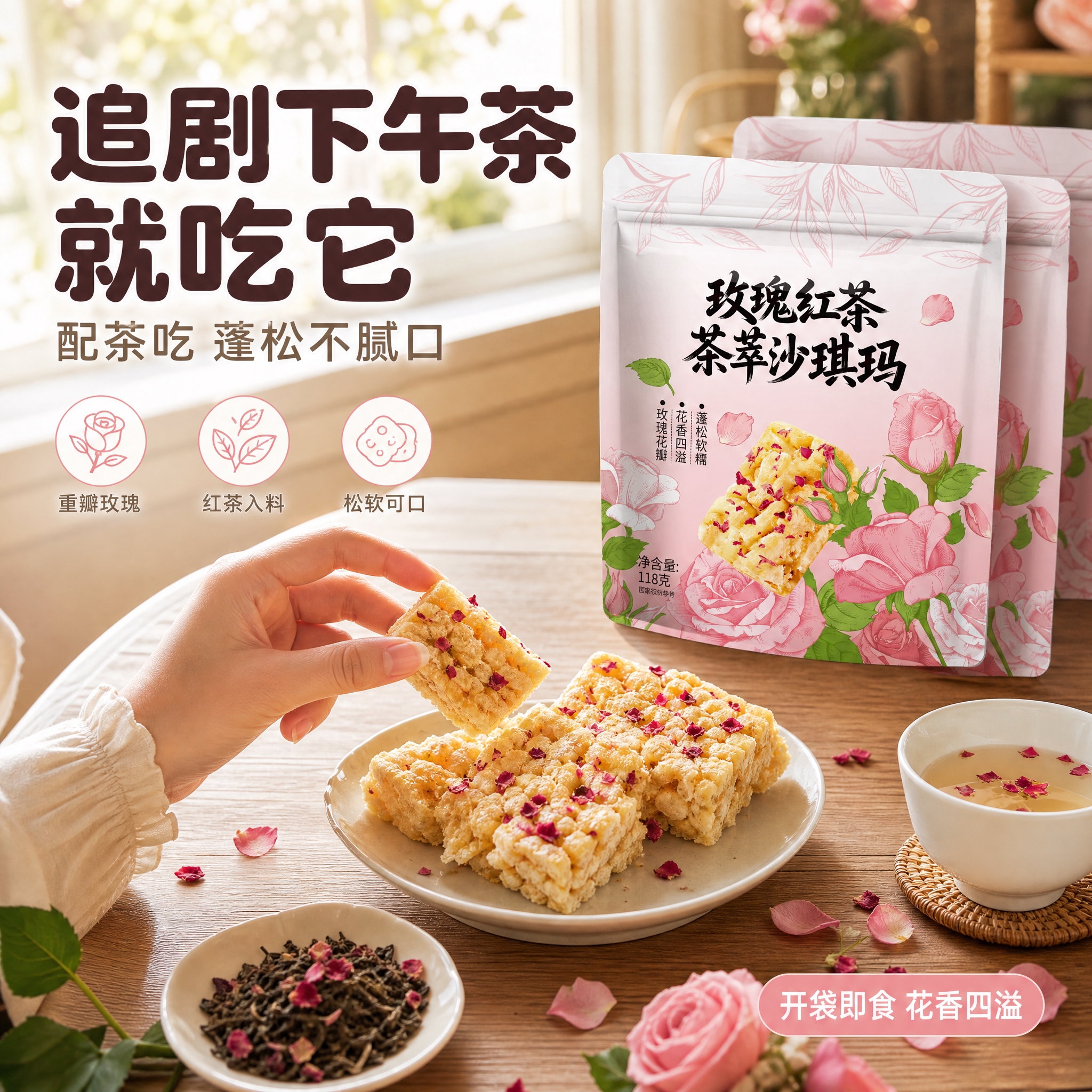 [主图-4] 场景与体验：追剧下午茶食用场景，手部拿取沙琪玛，… - 图片创意预览