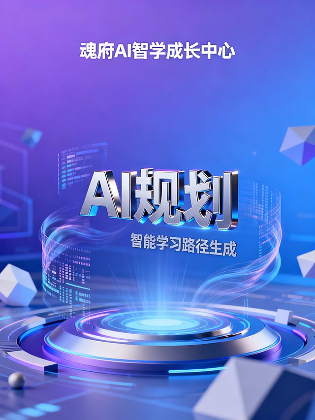 软件主界面主题图片，主题为魂府AI智学成长中心，核心关键字是带3D效果的“AI规划”文字，整体风格具有科技感，现代智能设计，适合作为教育软件主视觉