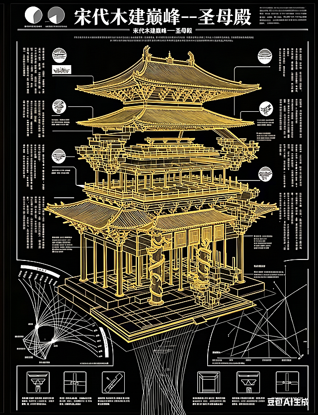将图片中圣母殿建筑主体物的线条加粗，并且把线条颜色修改为黄色，保持原图的整体排版、背景和文字内容不变
