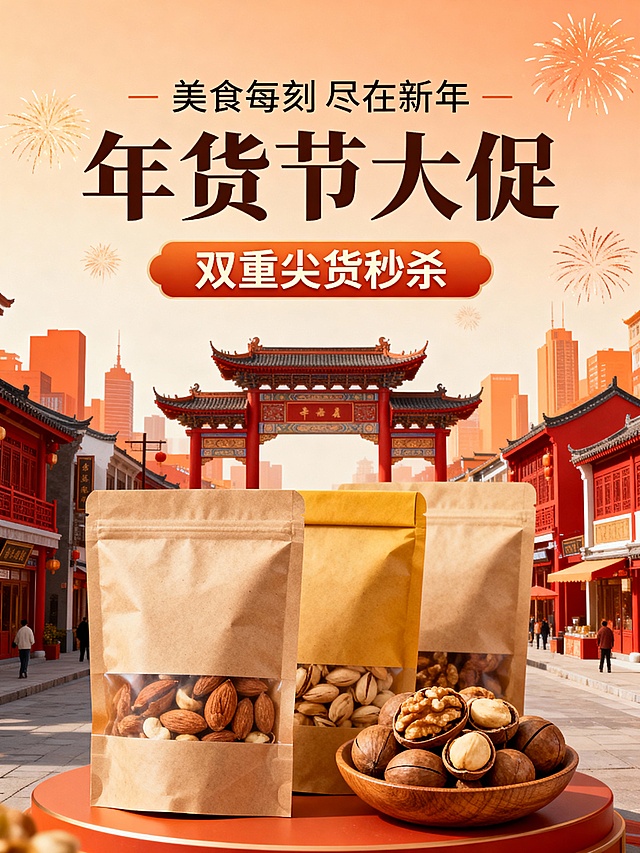 “年货节大促” 美食促销海报，核心元素：坚果年货组合（牛皮纸袋包装 + 木碗盛坚果）、红橙色调的城市与中式建筑融合场景（含牌楼、传统街巷）；文字布局：顶部 “美食每刻尽在新年” 标语、主标题 “年货节大促”、促销信息 “双重尖货秒杀”，背景浅橙渐变 + 烟花装饰。构图：坚果组合居画面下部作视觉焦点，建筑场景铺于背景，文字分层叠于上部，视觉热闹且突出产品。色彩：暖橙 + 红棕 + 牛皮纸黄为主，色调温馨年味浓厚。风格：新中式场景 + 美食促销风，元素质感饱满（坚果细节、建筑场景层次、背景氛围装饰），传递年货节美食促销的热闹与新春氛围。