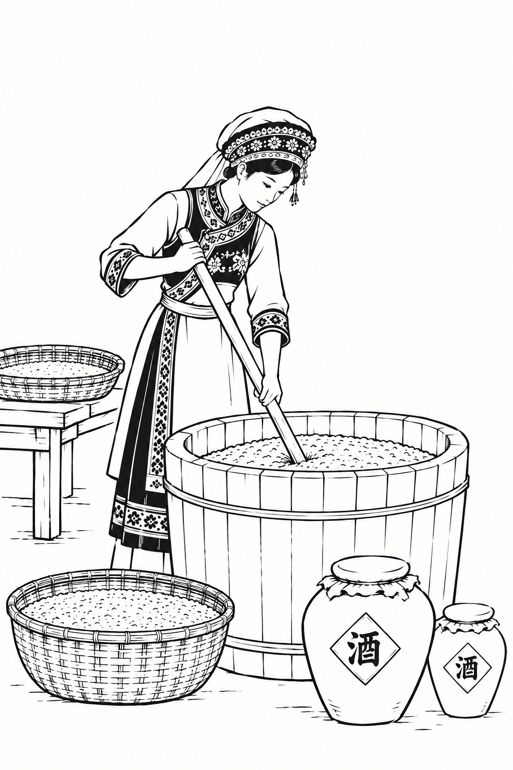 中国传统白描线稿风格，黑白极简线条插画，古朴的民间木刻版画质感… - 图片创意预览
