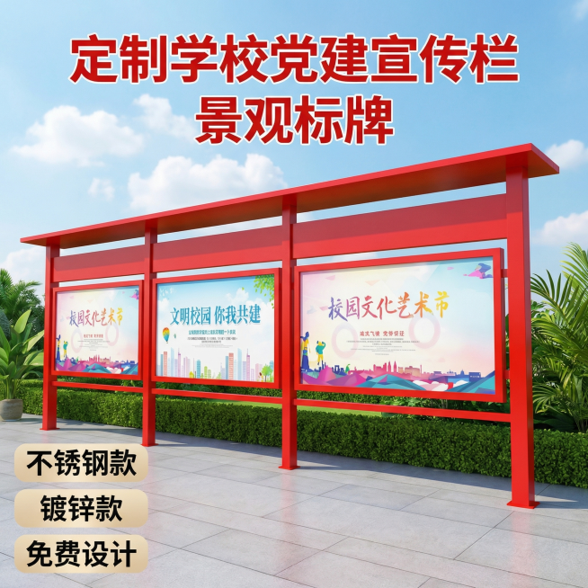 [主图 1] 定制学校党建宣传栏景观标牌首图
[氛围风格] 大气稳重，专业商用，拼多多风格
[画面元素] 商业摄影质感、光线柔和通透、产品清晰真实、画面干净高级。宣传栏标牌完整居中展示，保持原产品外观预览效果