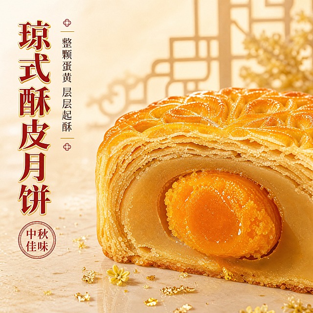 [主图-1] 首图点击率，突出琼式酥皮蛋黄莲蓉月饼的极致食欲感与爆浆流心诱惑。
[统一基调] 中式国风暖调高级感，背景主色为米白浅金渐变，标题字色为朱红+烫金描边，辅助字色为深棕，强调色为金色；字体为厚重粗宋衬线体，辅助文案为细宋体；卡片与图标采用金边圆角中式纹样，整体精致典雅有节庆感。
[画面] 月饼主体位于画面偏右下位置，占比约60%，一块被切开的琼式酥皮蛋黄莲蓉月饼，切面朝向观众，清晰展示层层酥皮、绵密莲蓉和整颗油润起沙的咸蛋黄，蛋黄表面有微微出油的光泽，酥皮边缘有细碎掉渣；月饼放置在浅米色大理石台面上，旁边散落几片桂花和金箔碎点缀；左上角留出大面积负空间放置主标题文案；背景为柔和虚化的暖米色中式窗格光影，营造温馨中秋氛围。
[光影质感] 自然暖阳侧逆光，月饼表面形成通透的油亮光泽，酥皮层次分明有立体感，蛋黄呈现沙糯油润质感，台面有柔和接触阴影，整体温暖诱人。
[配色] 米白浅金背景 + 朱红标题 + 深棕辅助文字 + 金色点缀，月饼本身的金黄酥皮与橙红蛋黄形成食欲主色调。
[文字版式] 左上角竖排主标题"琼式酥皮月饼"，朱红粗宋大字带烫金描边；下方细宋体小字"整颗蛋黄 层层起酥"；再下方一枚圆形朱红印章样式小标"中秋佳味"；文字不遮挡月饼主体，排版疏朗有中式韵味。
[输出要求] 1:1正方形，2048x2048，2K高清，文字清晰锐利，月饼主体清晰有食欲，酥皮层次分明，蛋黄油润真实；负向：变形、错字、模糊、杂乱、水印、平台Logo、塑料感、假蛋黄、酥皮层次混乱。