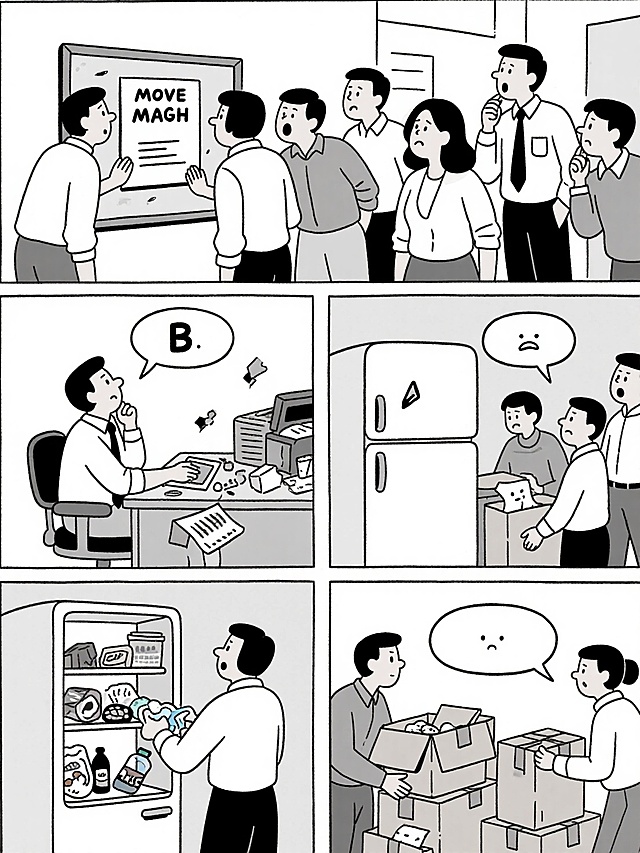 漫画风插画，黑白双色设计，卡通人物演绎办公室搬家趣事，故事感十足，印刷风线条简洁，印象画派氛围轻松幽默。