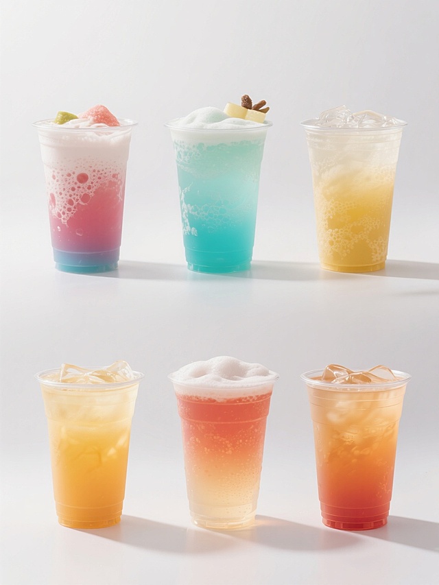 6款不同造型的饮品系列素材集合，白色背景，规整排布，保持高清写实摄影风格，光线明亮柔和，高饱和度色彩，丰富的泡沫细节和质感，分层渐变效果，每款饮品具有独特的颜色和顶部装饰元素，透明塑料杯材质，清晰的液体纹理，整体构图平衡对称，信息传达高效，设计感强，符合饮品宣传海报的视觉层级和排版设计要求