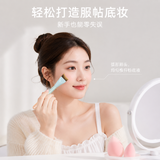 严格还原上传的美妆镰刀型粉底刷产品外观，包括刷头弧度、刷毛形态、刷柄渐变配色；产品外观必须与参考图完全一致，不得改变任何细节；保持产品的真实材质质感（刷毛柔软，刷柄珠光细腻）。画面比例为 1:1 竖版预览效果