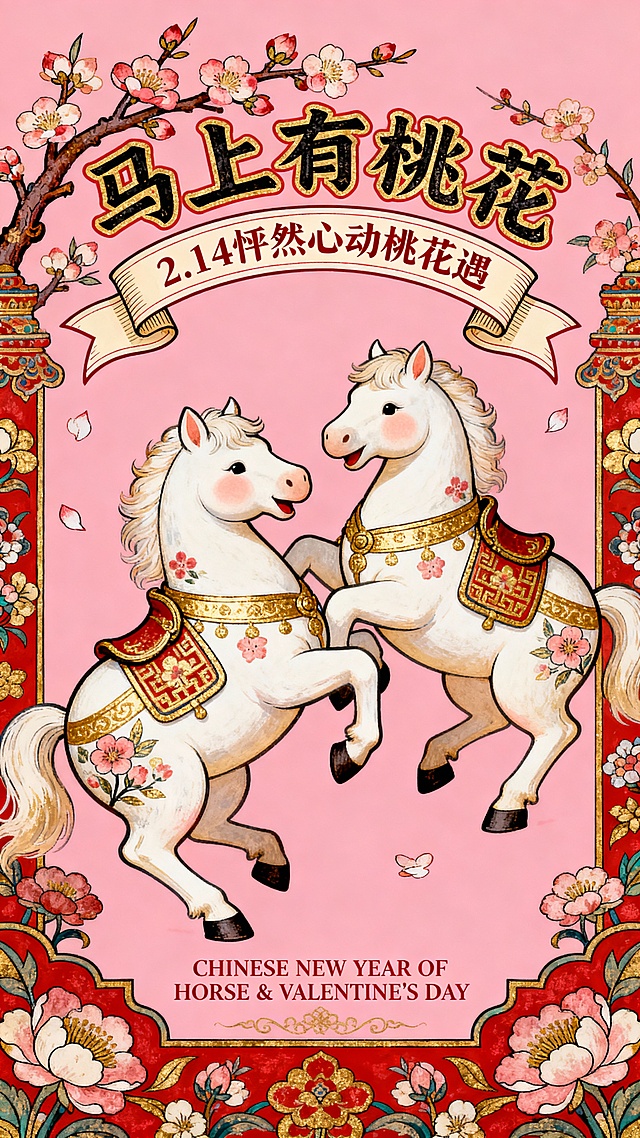 以2只胖嘟嘟的白色 唐代小马驹 玩耍的形象作为视觉中心（装饰桃花纹路的金纹和中式马鞍），强动态感构图，搭配桃花、花卉装饰元素。顶部结合桃花枝设计”马上有桃花“的弯曲变形字标题+卷轴样式线框的文案"2.14 怦然心动桃花遇，"底部设精致的小字 “CHINESE NEW YEAR OF HORSE & VALENTINE'S DAY" 。色彩以红、金为主，粉色背景。
