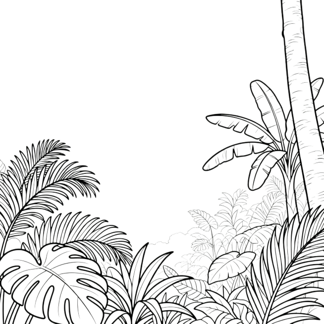 一张关于热带雨林的线条插画，纯线条绘制，没有填充颜色，风格简约干净，画面简单，清晰的黑色线条勾勒出热带雨林的植物与树木轮廓预览效果