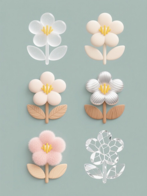 六个相同造型的卡通花朵与叶子元素规整排布组成的系列素材集合，每个元素保持原有的双朵五瓣花形态、中心放射状黄色短线花蕊及三片水滴形叶子的内容，采用完全不同的材质表现：1.磨砂玻璃质感-半透明乳白色花瓣带细腻磨砂纹理与轻微反光；2.哑光陶瓷质感-温润的奶油色花瓣表面有细微颗粒感；3.金属拉丝质感-银白色花瓣呈现细密拉丝纹理与金属光泽；4.木纹质感-原木色花瓣带有清晰的年轮与木纹肌理；5.绒毛质感-……预览效果