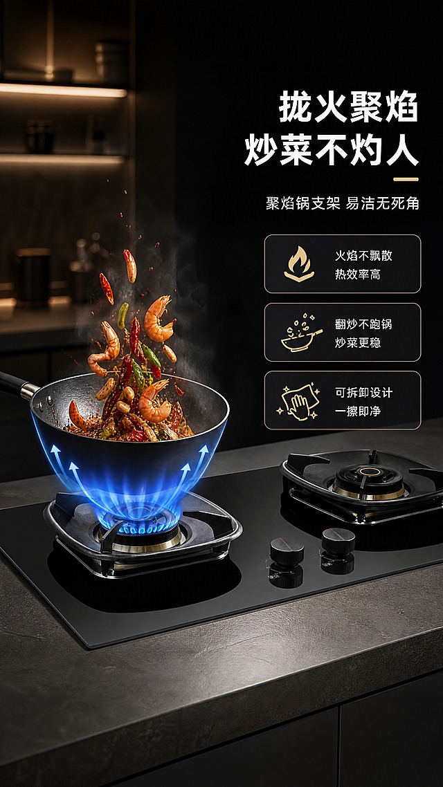 [商品] 使用【图1】嵌入式双眼燃气灶；保留黑色钢化玻璃面板、双灶头方形聚焰锅架、三环火盖的完整结构与颜色；灶上放置中式炒锅，锅内有食材翻炒，增强真实使用感。
[画面] 第5张·功能实测聚焰锅支架，目标展示拢火聚焰的烹饪效果。侧视角度，灶具嵌入厨房台面，左灶上的炒锅燃起猛火，食材（辣椒、虾仁等）从锅中跃起，蓝色火焰沿锅壁聚拢不飘散。产品占画面60%，前景台面，后景虚化厨房环境。右侧留白放文案区。
[视觉] 套系策略：风格=深色高端科技商业摄影+3D渲染质感；标题字=现代无衬线粗黑体；正文字=简洁无衬线中黑体；主色=炭黑+深灰；背景延展=基于炭黑做深浅渐变和厨房环境反光；强调色=火焰蓝+食材红+香槟金，仅用于火焰、高亮标签和图标；标题色=纯白；正文色=浅灰白；组件=圆角信息卡、聚焰效果箭头、细线标注；光影=火焰自发光为主+厨房暖环境光。
[文字] 右侧主标题「拢火聚焰 炒菜不灼人」，副标题「聚焰锅支架 易洁无死角」，下方3个卖点：「火焰不飘散 热效率高」「翻炒不跑锅 炒菜更稳」「可拆卸设计 一擦即净」。文字全部横排，右对齐。
[规格] 图片比例9:16竖版，4K分辨率，负向提示：避免产品变形、锅具比例失调、火焰方向错误、错字、文字遮挡灶头。