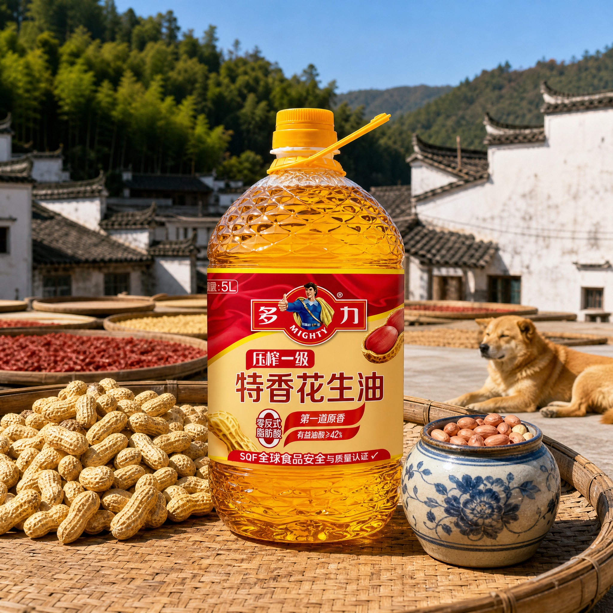 超写实商品摄影。 主体：花生油桶严格参照上传产品图，完整保留所… - 图片创意预览