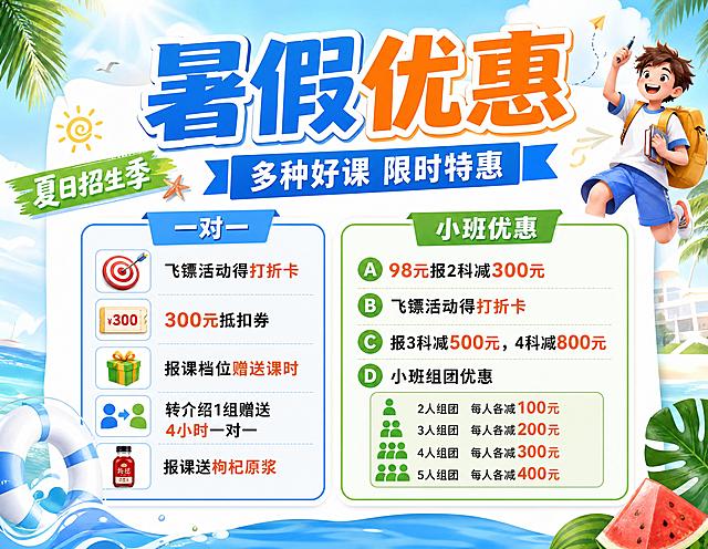 活力青春促销风的教育培训暑假优惠活动海报，版式精美，夏日主题背景，风格清爽活力，配色清新明快。画面主标题："暑假优惠"，副标题："多种好课 限时特惠"，装饰文案："夏日招生季"。详细优惠信息：1.一对一：飞镖活动得打折卡，300元抵扣券，报课档位赠送课时，转介绍1组赠送4小时一对一，报课送枸杞原浆；2.小班优惠：A.98元报2科减300元，B.飞镖活动得打折卡，C.报3科减500元，4科减800元，D.小班组团优惠：2人组团每人各减100元，3人组团每人各减200元，4人组团每人各减300元，5人组团每人各减400元。排版分区清晰，所有文字清晰可读，不遮挡关键信息，构图层次分明，预留合理留白，符合商业促销海报设计要求。