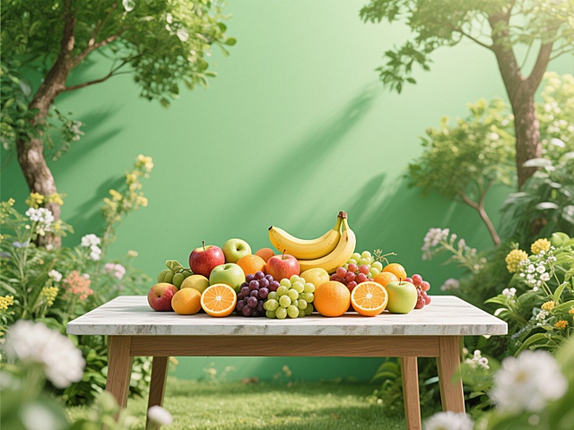 绿色背景，画面中有花草树木，中间摆放着一张桌子，桌子上放着各种水果，包括苹果、香蕉、橙子、葡萄等，色彩鲜艳，光线明亮，整体氛围自然清新
