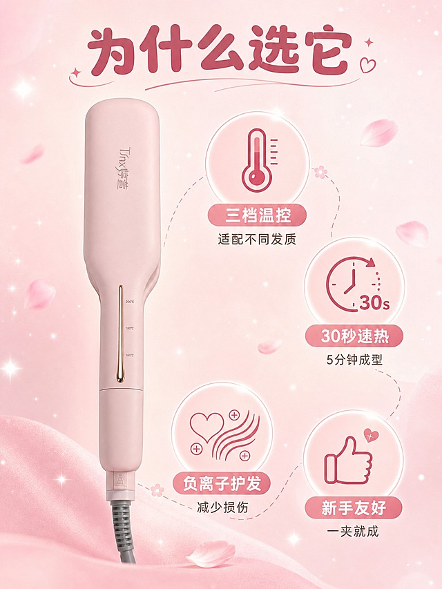 [商品] 使用【图1】婷萱粉色蛋卷棒；保留完整机身结构、哑光粉色材质、正面"Tínx婷萱"品牌字样、金色温度调节推钮及160℃/180℃/200℃三档标识，产品外观与输入图完全一致。
[画面] 第2张 核心卖点总览，目标是讲清四大核心购买理由。利益icon型构图，蛋卷棒竖放在画面中央偏左，主体占画面约45%。右侧和下方分布4个圆形/胶囊形利益点图标，呈花瓣状围绕产品。背景为浅粉色渐变底，点缀细小的白色星光颗粒和淡粉色花瓣，整体干净梦幻。
[视觉] 套系策略：风格=小红书原生感 粉色少女系 生活方式氛围感；标题字=圆润可爱无衬线粗体；正文字=简洁无衬线体+手写体点缀；主色=樱花粉；背景延展=基于樱花粉做深浅层级、同色渐变、细腻磨砂质感；强调色=玫瑰金，仅用于小面积图标、引线和标签；标题色=深豆沙粉；正文色=暖灰棕；组件=圆角浅粉信息卡、细线引线、手写体标签；光影=左前侧暖柔自然光，柔和漫射。
[文字] 画面顶部居中主标题"为什么选它"，深豆沙粉色。四个卖点图标：1. 左上圆形图标内画温度计，下方文字"三档温控 适配不同发质"；2. 右上圆形图标内画时钟，下方文字"30秒速热 5分钟成型"；3. 左下圆形图标内画爱心+发丝，下方文字"负离子护发 减少损伤"；4. 右下圆形图标内画手+点赞，下方文字"新手友好 一夹就成"。每个图标配1个关键词+1句短说明，文字清晰可读。
[规格] 图片比例3:4竖版，2K，避免变形、错字、文字过小、产品悬浮、穿模、冷蓝/冷灰背景、产品颜色改变、结构失真。