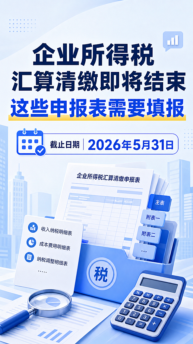 设计一张小红书财税内容头图，简洁商务风格，上方是醒目的大标题"企业所得税汇算清缴即将结束 这些申报表需要填报"，下方标注截止日期"2026年5月31日"，背景使用浅蓝简约商务风，搭配税务报表文件元素，整体清晰易读，适合作为小红书封面