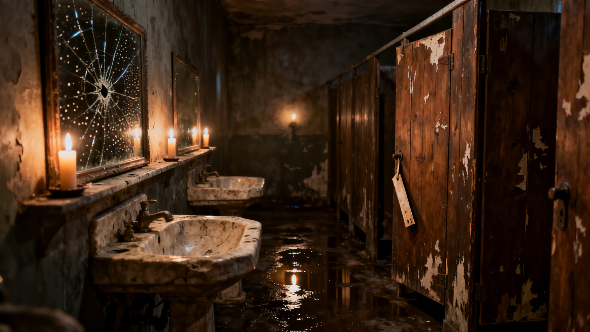 The gloomiest, most depressing bathroom. Under a large cracked spotted mirror is a row of chipped st预览效果