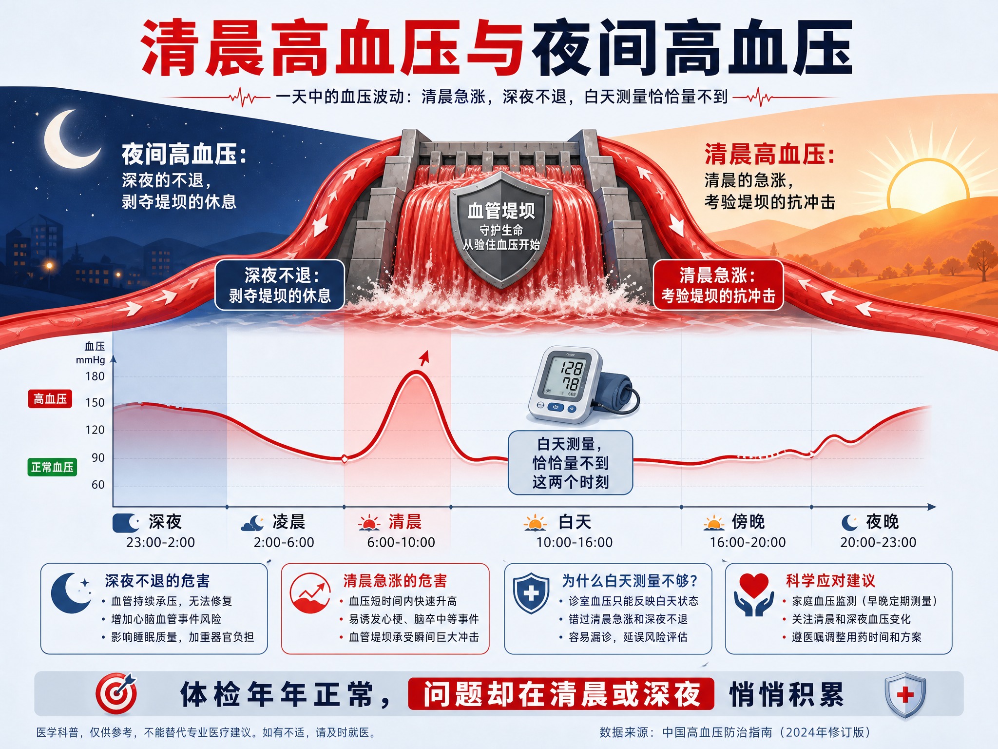 延续参考图的高血压伤害地图视觉风格，创作一张关于清晨高血压和夜… - 图片创意预览