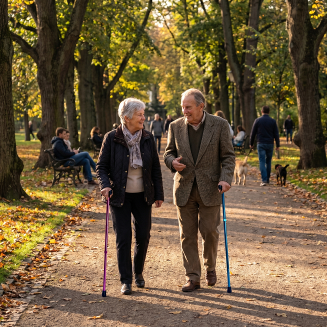 基于图中的拐杖，生成老年人在公园散步使用该拐杖的日常场景，自然真实的生活氛围，保留拐杖原本的颜色和款式预览效果