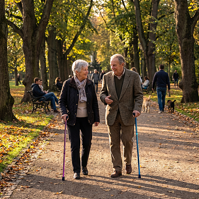 基于图中的拐杖，生成老年人在公园散步使用该拐杖的日常场景，自然真实的生活氛围，保留拐杖原本的颜色和款式