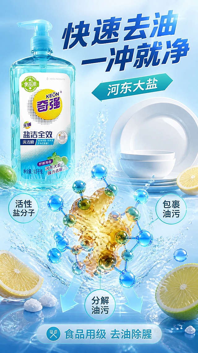 第2张 详情页去油原理页，奇强盐洁洗洁精，快速去油技术。使用图1作为商品主体。
抖音快手竖版，科技演示，科学可信，蓝绿科技感。
画面中央油污被盐洁成分分解的可视化效果，蓝色活性盐分子包裹油污，周围泡沫水花。洗洁精瓶在左上占20%，外观与输入图一致，logo清晰。旁边放着干净的碗盘做对比。周围柠檬片、盐粒、活性成分元素。
柔光，活性分子有光泽，整体干净清新有科技感。
背景浅蓝渐变，活性分子蓝绿色，主色清新蓝绿。
顶部大标题「快速去油 一冲就净」粗黑体蓝；旁侧标注「河东大盐」箭头标签；底部小字「食品用级 去油除腥」。
9:16竖版，4K高清。
负向：变形，错字，模糊，杂乱，水印，价格，logo变形。