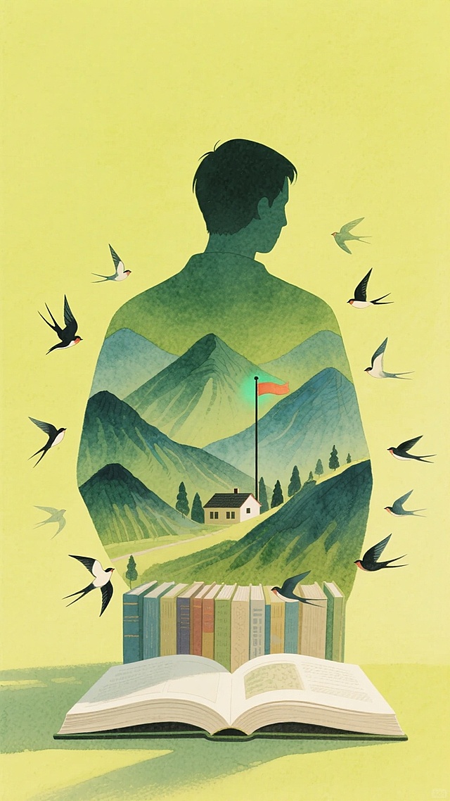 一个男人背影的轮廓，轮廓内嵌有详细的风景，包括层层叠叠的山脉、山脉中的平房和一根高高的旗杆。男人的轮廓周围环绕着许多飞鸟，下面一本书打开。男人的姿态沉思。书本以有序而艺术的方式排列。光线柔和，聚焦于轮廓和书本，投射出温柔的阴影。主色调为黄绿色。