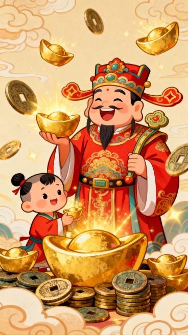 卡通化或国潮风格的财神爷、善财童子，笑容可掬，身边围绕着金元宝、铜钱。背景可以是红色、金色，或者有祥云纹样。预览效果
