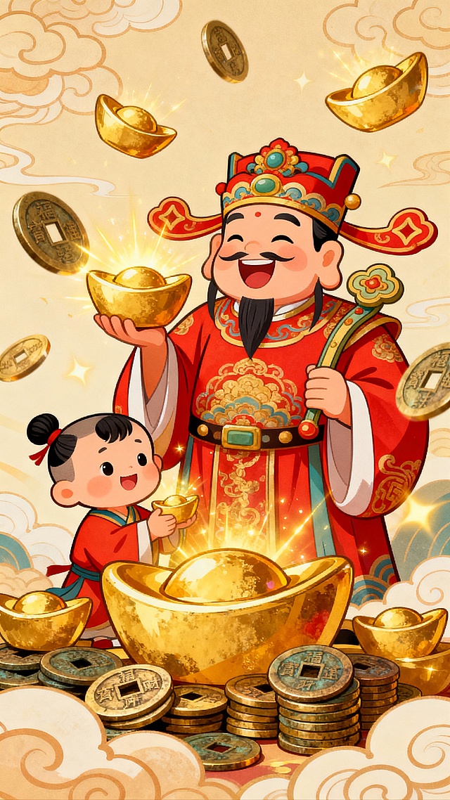 卡通化或国潮风格的财神爷、善财童子，笑容可掬，身边围绕着金元宝、铜钱。背景可以是红色、金色，或者有祥云纹样。