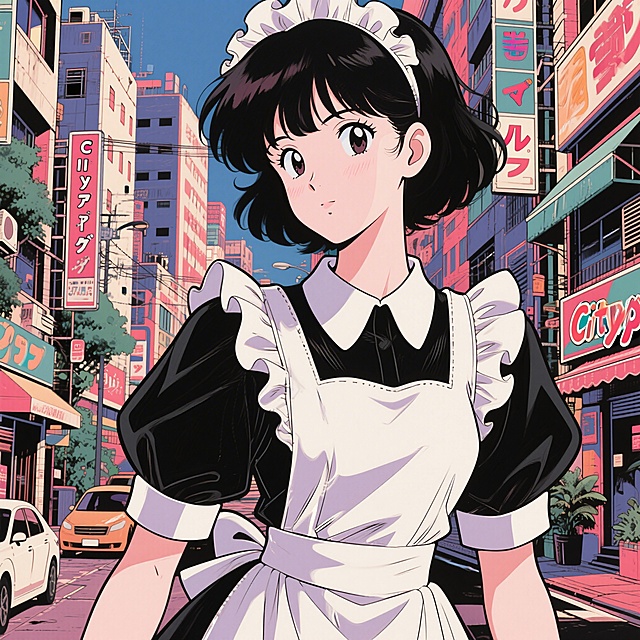 日系女仆，Citypop风格插画