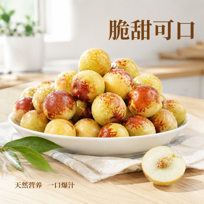 [主图-4] 大荔冬枣场景体验主图，营造生活食用场景代入感。
[氛围风格] 清新自然生活感，唤起购买欲望。
[画质] 自然纪实商业摄影，质感通透清晰。
[元素] 白色陶瓷果盘装满新鲜带水珠的大荔冬枣，预览效果