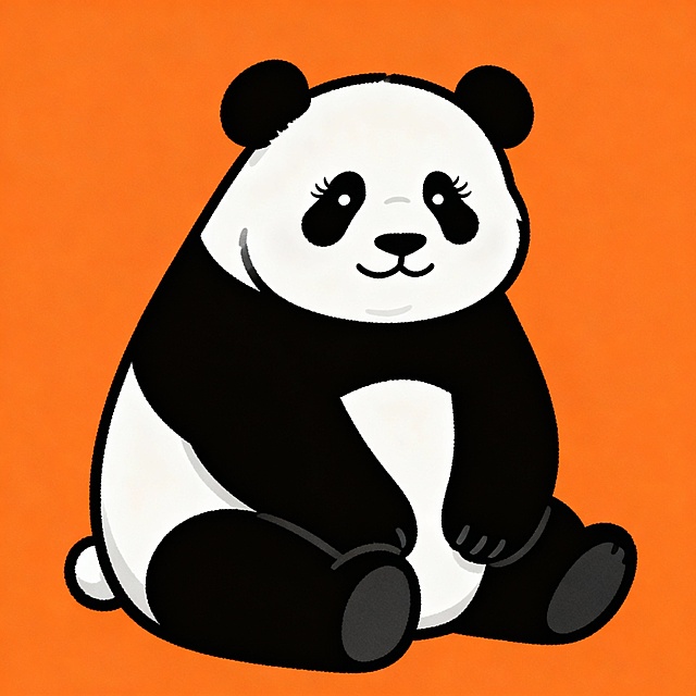 可爱感熊猫拟人坐姿，扁平风搭配描边设计，毛发生长细节生动，橙色背景突出卡通萌趣。