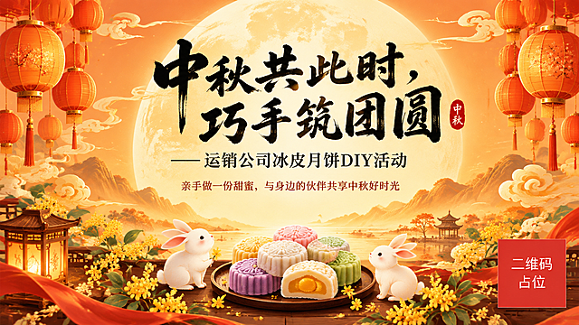 中秋公司活动投屏海报，16:9横版，新中式国风风格。画面以红、橙、黄为主色调，温暖喜庆。背景为渐变暖橙色，点缀金色祥云纹样和柔和光晕。画面左侧和右侧悬挂多盏橙红色中式纸灯笼，错落有致，营造浓厚中秋氛围。画面中央偏上位置是主标题区域，大字号书法字体写着"中秋共此时，巧手筑团圆"，字体为黑色毛笔书法，醒目大气。主标题下方是副标题"——运销公司冰皮月饼DIY活动"，字号稍小，端庄雅致。再下方是小字标语"亲手做一份甜蜜，与身边的伙伴共享中秋好时光"，温馨柔和。画面底部装饰有冰皮月饼、玉兔、桂花等中秋元素，精致细腻。整体画面层次分明，排版精美，留白适当，氛围温馨团圆，适合公司活动现场投屏展示。画面中所有信息区域必须填充完整合理的内容，不得出现空白框、空白占位、横线待填写区域。画面中所有二维码区域使用纯色方块占位符呈现，方块中央标注"二维码占位"文字，严禁生成任何可识别的二维码图案。