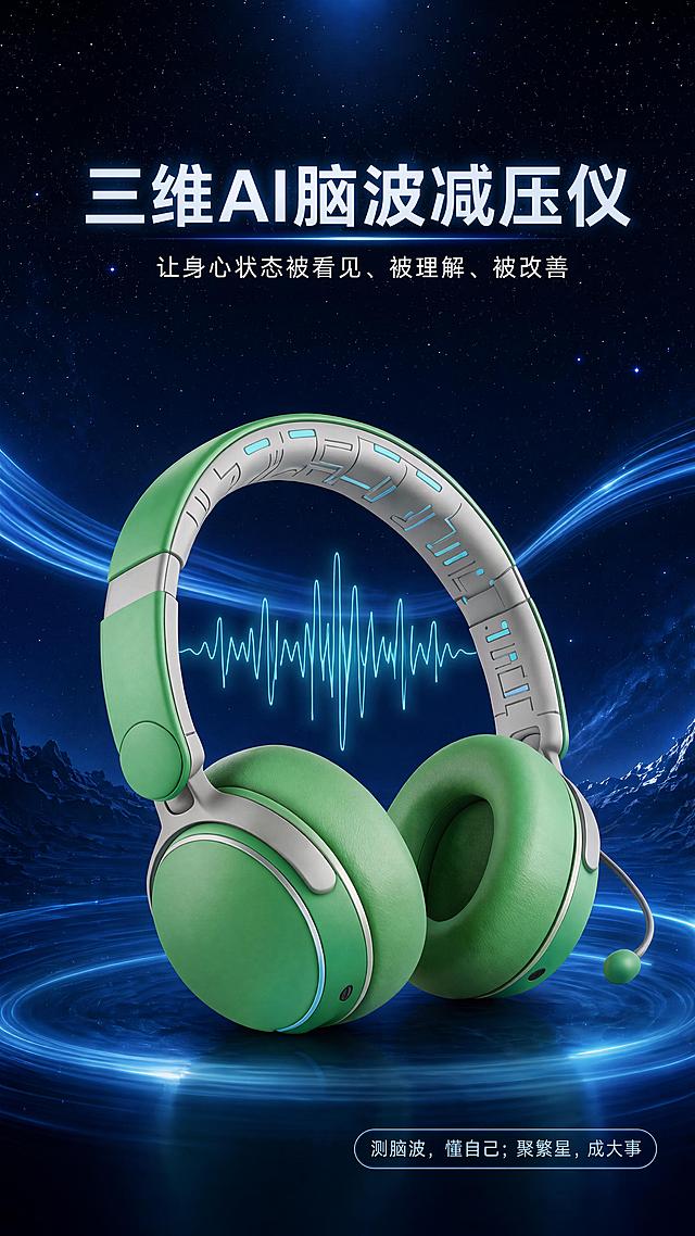 [第1屏] 三维AI脑波减压仪硬核头图，本屏使用【图1】作为商品主体，保留原产品绿色耳机造型、灰色头梁结构和发光脑波设计，产品物理结构、颜色、比例与原图完全一致。
[氛围/风格] 深邃科技风，专业高级科技感，商业摄影质感，带流动发光光效
[元素布局] 商品主体放置在画面中下部，占比约65%-70%，顶部预留大标题区域，背景使用深蓝色星空加流动蓝色光带点缀，发光脑波保留在产品框架内，整体构图简洁有呼吸感
[光影质感] 顶部冷白光打亮产品，背景带渐变星光点缀光效，主体清晰，明暗层次分明，底部自然投影
[配色色系] 全局底色 #0F172A，主色深蓝，辅助色产品原有绿灰配色，点缀发光浅蓝色脑波
[文字版式] 主标题居中顶部："三维AI脑波减压仪"，副标题在主标题下方："让身心状态被看见、被理解、被改善"，slogan"测脑波，懂自己；聚繁星，成大事"放置在右下角胶囊标签，文字大小适中，不遮挡产品主体，清晰可读
[视角构图] 正面微仰视视角，产品为绝对视觉中心，阅读动线从上到下，从上到下：标题→产品→slogan
[比例分辨率] 9:16竖版比例，4K分辨率，高清画质，文字清晰可辨
[负向提示词] 产品变形，颜色偏差，文字错乱，缺件错件，结构错误，背景杂乱，文字过小，水印