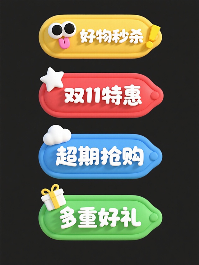 一组4个不同配色、不同样式的促销标签，每个标签均为规整排布的单一立体卡通风格标签，标签采用圆润的立体造型，表面有柔和的高光和阴影，呈现出类似橡皮泥或软陶的质感，背景为纯色。第一个标签为黄色，顶部有黑色圆形眼睛和粉色舌头，右侧有黄色感叹号装饰，中间文字为“好物秒杀”，字体为白色、圆润、立体；第二个标签为红色，顶部有白色五角星装饰，中间文字为“双11特惠”，字体为白色、加粗、立体；第三个标签为蓝色，顶部有白色云朵装饰，中间文字为“超期抢购”，字体为白色、活泼、立体；第四个标签为绿色，顶部有白色礼物盒装饰，中间文字为“多重好礼”，字体为白色、可爱、立体。所有标签边缘有轻微的阴影效果，增强立体感，整体风格可爱、活泼、具有吸引力，适合促销活动使用。