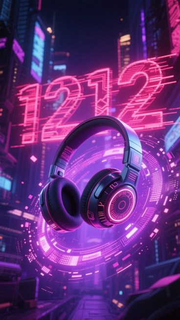 赛博朋克风格的促销海报，画面中央悬浮一个具有未来感的游戏耳机3D模型，模型表面有发光电路纹理和全息投影界面，背景是霓虹闪烁的都市夜景，深紫色和洋红色为主色调，巨大的、带有故障艺术效果的“1212”数字预览效果