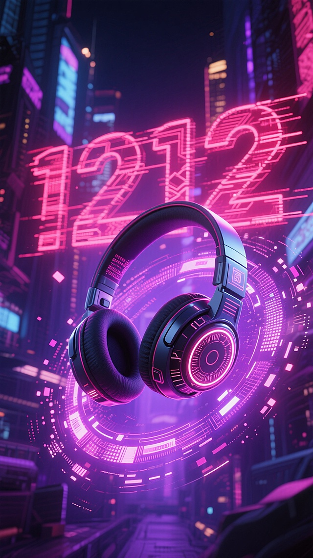 赛博朋克风未来城市夜景，霓虹灯辉映中悬浮的科技耳机，重拟物设计融合虚拟现实元素，故障风数字“1212”闪烁，酷炫感十足。