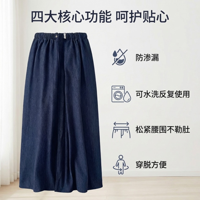 老年人防漏隔尿裙功能介绍主图，明亮居家风格，柔和自然光，浅色干净背景。左侧展示隔尿裙整体外观，右侧用悬浮图标加文字展示功能点：1. 防渗漏 2. 可水洗反复使用 3. 松紧腰围不勒肚 4. 穿脱方便。预览效果