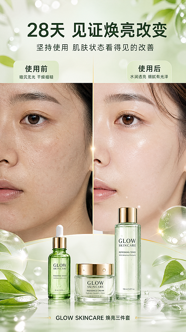[商品] 底部融入【图1】GLOW SKINCARE三件套产品缩略图，保留瓶身外观与文字，尺寸约占画面15%，作为产品背书。
[画面] 页面目标：展示使用前后肌肤状态的视觉改善，突出透亮水润感。构图：左右分栏对比型，左侧为「使用前」肌肤状态（偏暗沉、纹理略明显），右侧为「使用后」肌肤状态（通透有光泽、水润饱满）；中间用金色细线分隔，顶部标题区，底部放三件套产品；前景点缀水光光斑，中景左右对比肌肤特写，后景浅绿渐变背景，≥3层视觉层次。
[视觉] 套系策略：风格=清新自然高级商业摄影风，水光通透质感；标题字=现代简约无衬线粗体；正文字=简洁无衬线体；主色=浅薄荷绿+米白；背景延展=基于浅绿做深浅渐变、水光朦胧感与植物叶片虚化层次；强调色=香槟金，仅用于小面积图标描边、引线、标签和高光；标题色=深墨绿；正文色=中灰绿；组件=圆角浅底信息卡、圆形利益icon、细线引线；光影=左前侧柔和自然光，肌肤呈现自然质感。
[文字] 顶部主标题「28天 见证焕亮改变」，副标题「坚持使用 肌肤状态看得见的改善」；左侧标注「使用前」+ 小字「暗沉无光 干燥粗糙」；右侧标注「使用后」+ 小字「水润透亮 细腻有光泽」；底部产品旁标注「GLOW SKINCARE 焕亮三件套」；文字均横向排版，字号保证手机端清晰可读。
[规格] 图片比例9:16竖版，4K分辨率，负向提示：避免变形、错字、文字过小、医疗功效表述、治疗承诺、夸大对比、绝对化用语、冷蓝灰背景、欧美面孔。