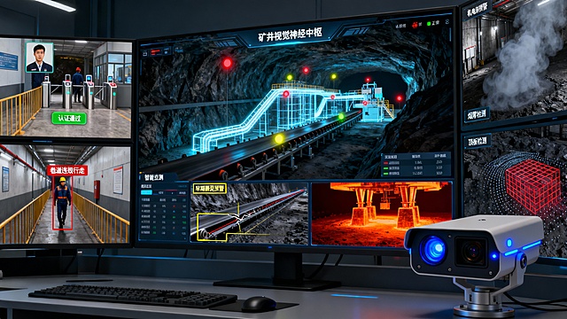 画面以现代化煤矿调度指挥中心为核心，呈现多屏联动的全景监控界面。环境光线偏暗，突出屏幕冷光，氛围专业冷静。

中央主屏幕以三维数字孪生形式展现矿井立体结构，各层巷道与关键设备以发光模型实时呈现，闪烁的红、黄、绿光点分别标记报警、预警与正常运行状态。

左侧分屏组聚焦人员安全监测：

井口闸机处，入井人员正通过人脸识别，绿色“认证通过”标签实时弹出。

运输巷道画面中，一名违规行走的矿工被红色动态框锁定，标注“巷道违规行走”。

中部核心区展示设备智能监测：

皮带运输机画面中，一道细微撕裂被黄色识别框标注“早期撕裂预警”，跑偏监测线实时显示偏移数据。

采煤工作面热成像视图中，一台液压支架的支撑部位呈现橙红色异常温区。

右侧屏幕呈现环境与风险预警：

机电硐室画面中，烟雾识别算法正标记一处灰色半透明烟雾区域，显示“烟雾检测”。

顶板监测画面通过点云分析，一处潜在松动区域被红色网格高亮标注。

监控台边缘，一台矿用防爆AI摄像机特写展示其多传感器集成设计，可见光与热成像镜头并置，机身上的蓝色指示灯规律闪烁。

整体风格高度写实，科技感仅通过智能识别框、数据叠加与多模态可视化呈现。画面强调AI系统如何作为“矿井视觉神经中枢”，通过前端智能解析与后端全景融合，将井下复杂环境转化为可量化、可预警、可追溯的数字孪生体，实现从被动监看向主动认知的根本转变。