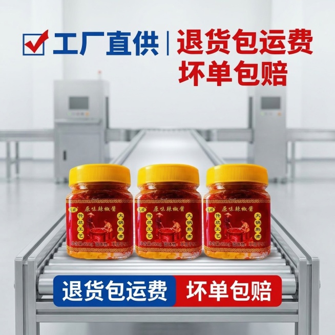 产品垫图，简约工厂流水线场景，三瓶原味辣椒酱摆放在前景，搭配"退货包运费""坏单包赔"标识，背景简洁干净。放置醒目加粗蓝红色文案"✅ 工厂直供｜退货包运费 坏单包赔"，字体醒目加粗，文案直接悬浮在背景预览效果