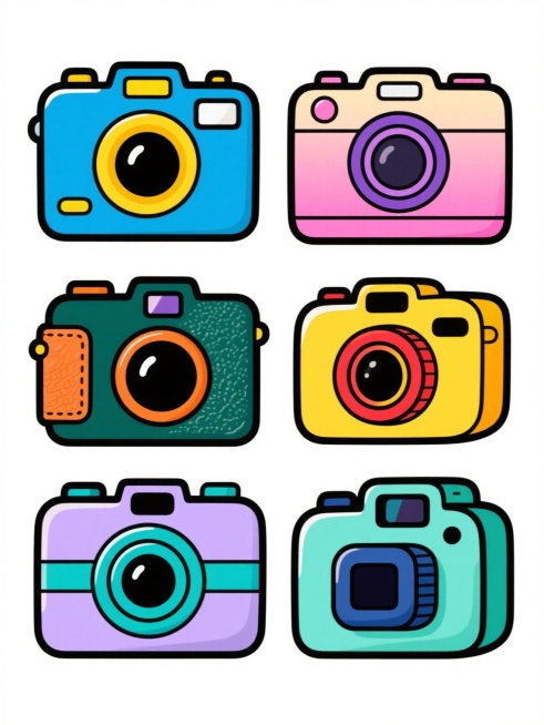 一套六个不同造型的复古胶片相机系列插画，保持原相机的核心结构（镜头、机身、取景器、快门按钮），采用统一的卡通贴纸风格，白色背景，规整的网格排布。每个相机拥有独特的配色方案和形态变化：1. 天蓝色机身配柠檬黄镜头环，方形取景器；2. 粉色渐变机身配紫色镜头环，圆形快门按钮；3. 墨绿色机身配橙色镜头环，复古皮纹质感；4. 明黄色机身配红色镜头环，流线型边角设计；5. 淡紫色机身配青色镜头环，金属……预览效果