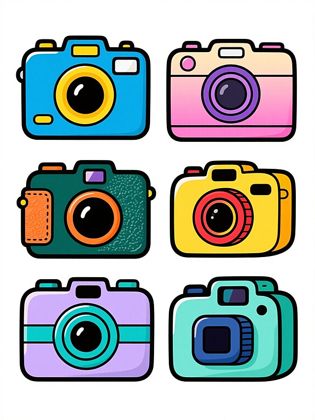 一套六个不同造型的复古胶片相机系列插画，保持原相机的核心结构（镜头、机身、取景器、快门按钮），采用统一的卡通贴纸风格，白色背景，规整的网格排布。每个相机拥有独特的配色方案和形态变化：1. 天蓝色机身配柠檬黄镜头环，方形取景器；2. 粉色渐变机身配紫色镜头环，圆形快门按钮；3. 墨绿色机身配橙色镜头环，复古皮纹质感；4. 明黄色机身配红色镜头环，流线型边角设计；5. 淡紫色机身配青色镜头环，金属质感装饰条；6. 薄荷绿机身配深蓝色镜头环，方形镜头盖细节。所有相机均具有粗黑描边、明亮饱和的色彩、圆润的边角和立体阴影效果，整体呈现活泼可爱的视觉风格。