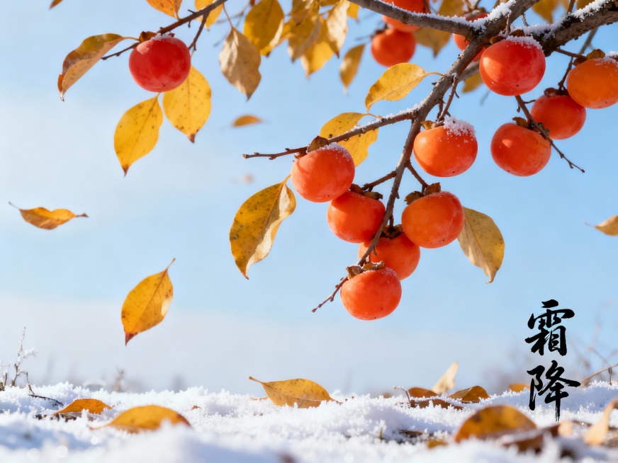 霜降时节，枝头挂满橙红色的柿子，叶片泛黄飘落，背景是淡蓝色的天空，地面覆盖着薄薄的白霜，整体氛围宁静而温暖，“霜降”二字以书法字体点缀在画面角落预览效果